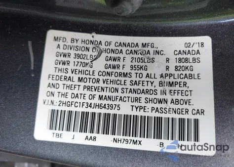 2018 Honda Civic Ex-T from USA, damaged, VIN 2HGFC1F34JH643975
